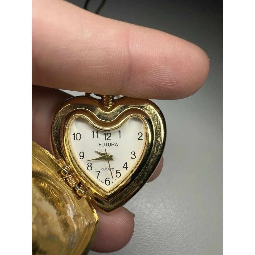 Futura Women's Small Pocket Watch / Necklace Watch Gold Tone Quartz Heart Shape